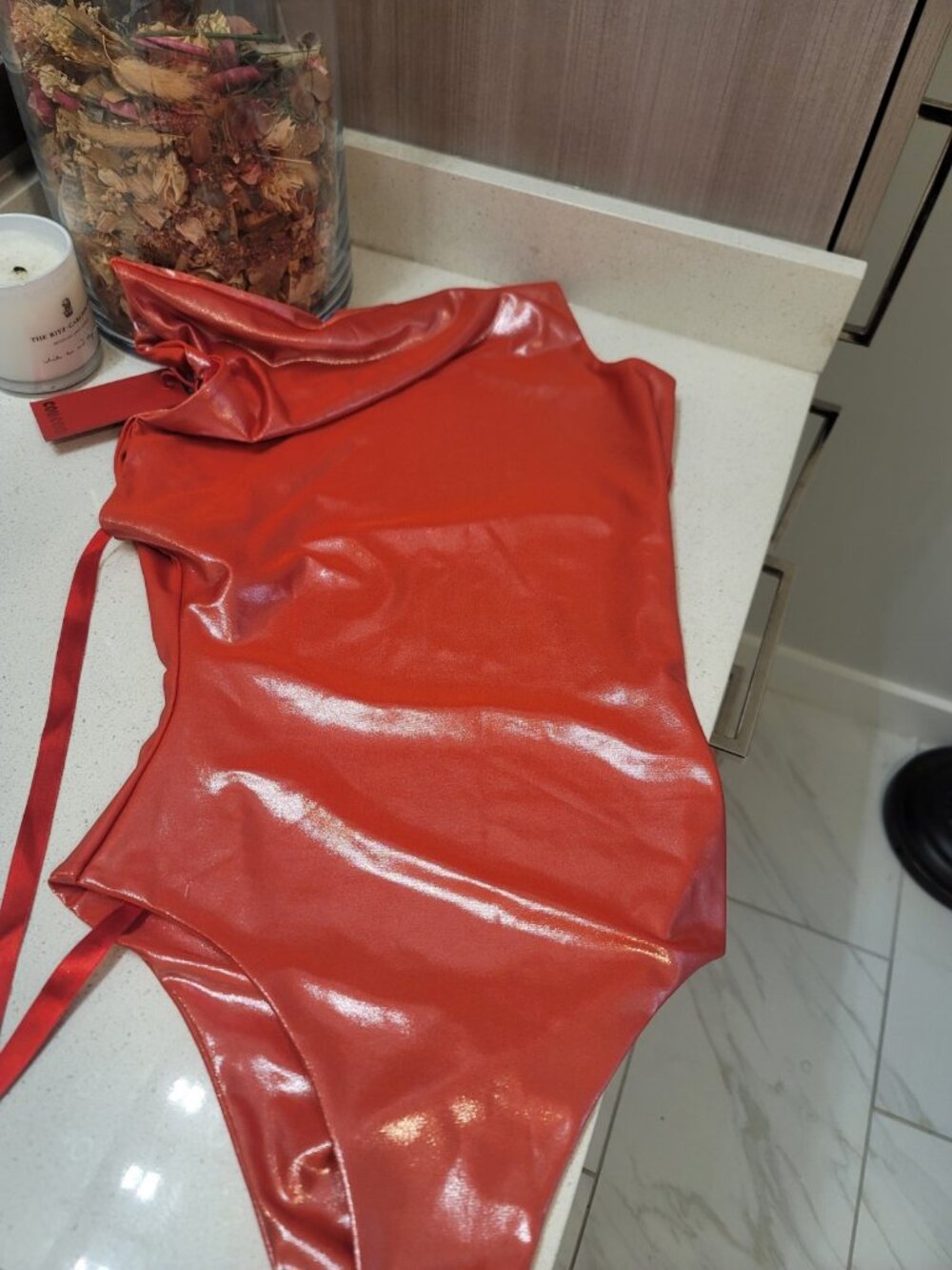 Coucoo Jani Bodysuit Red Satsuma Skin Metallic One-Shoulder Size M NWT